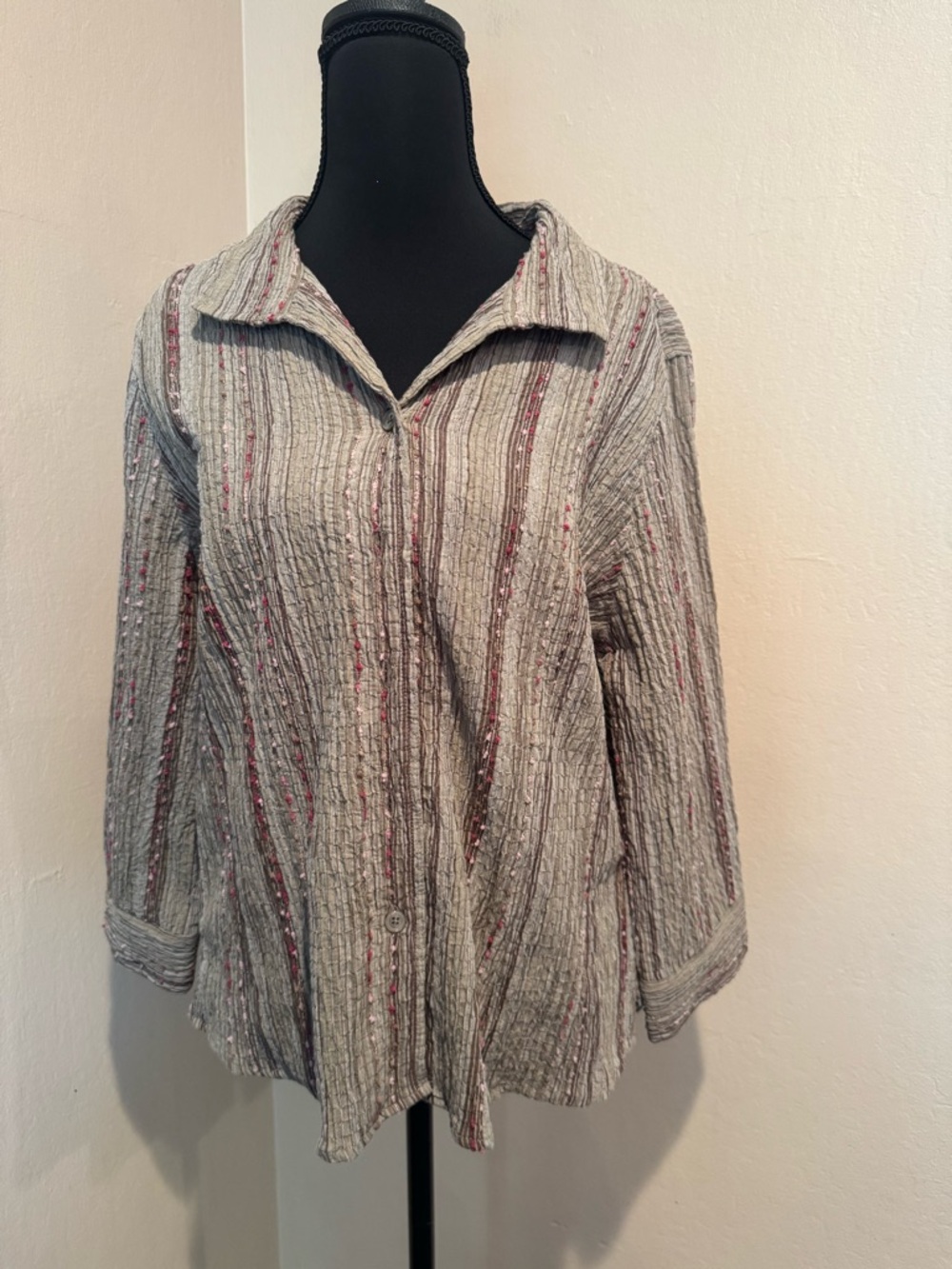 Light Grayish Olive Button-Front Textured Shirt with Red  and Pink Stripes